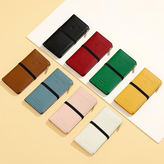 DOB SECHS Passport Holder for Travel Women RFID Blocking Leather Passport Wallet Travel Document Organizer Pouch Bag, Slim Passport Cover Case with Zipper Cash Pocket Purse+Card Slots+ID Window, White