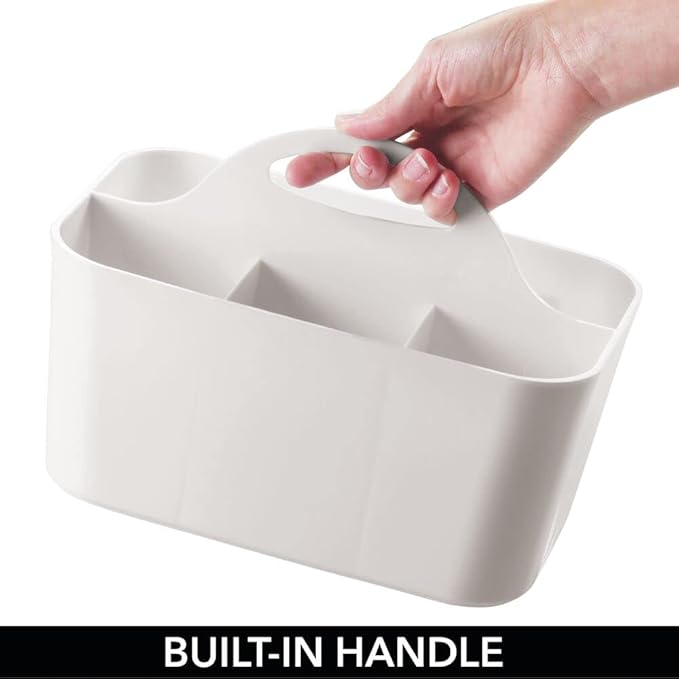 mDesign Plastic Small Office Storage Organizer Utility Tote Caddy Holder with Handle for Cabinets, Desks, Workspaces - Holds Desktop Office Supplies, Pencils, Staplers Lumiere Collection - Light Gray