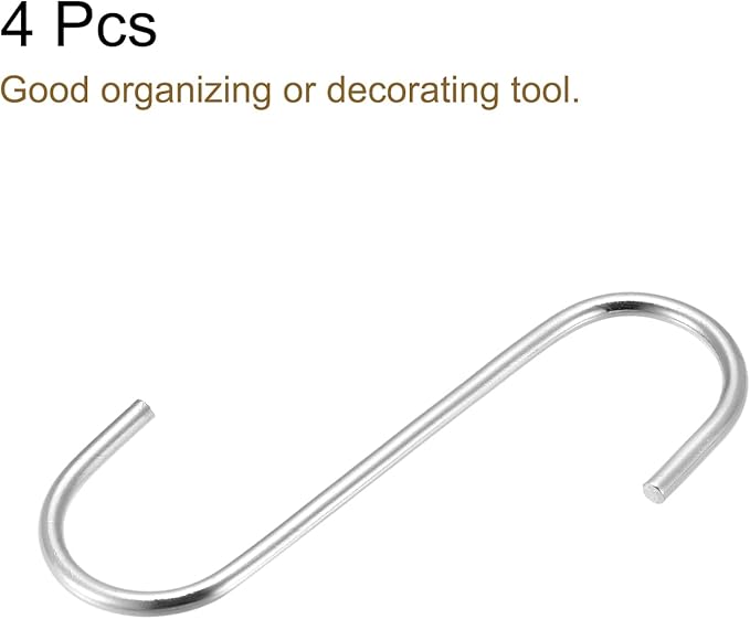 uxcell S Hanging Hooks, 4inch/110mm Extra Long Steel Hanger, Indoor Outdoor Uses for Garden, Bathroom, Closet, Workshop, Kitchen, Silver Tone, 4Pcs