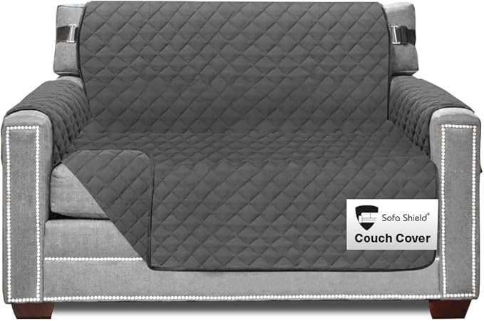 Sofa Shield Armchair Slip Cover with Patented Strap, Cushion Protector, US Designed Reversible Stain and Dog Tear Resistant Slipcover, 48 inch Seat, Washable Covers for Dogs Pets, Charcoal