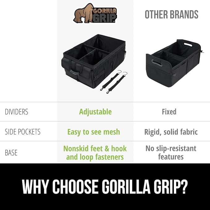 GORILLA GRIP Large Capacity Sturdy Trunk Storage Organizer, Slip and Water Resistant Collapsible Organization Container, Holiday Gifts for Men, Women, Multi Compartment Car or SUV Accessories, Black