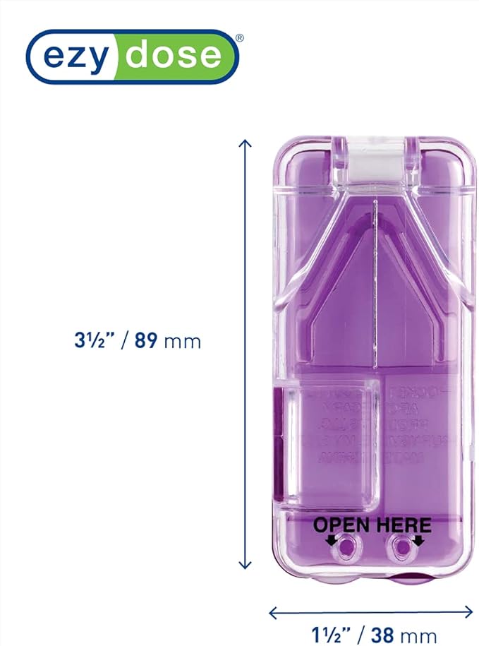 EZY DOSE Pill Cutter and Splitter with Dispenser, Safely Cuts Large, Small and Tiny Pills, Vitamins, Tablets in Half, Accurate and Easy Cutting, Stainless Steel Blade, Travel Sized, Purple, BPA Free
