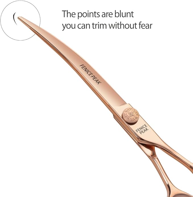 Fenice Peak Curved Dog Grooming Scissors Champagne Gold 440C Stainless Steel Professional Pet Cutting Shears Safety Trimming Shearing for Dogs and Cats