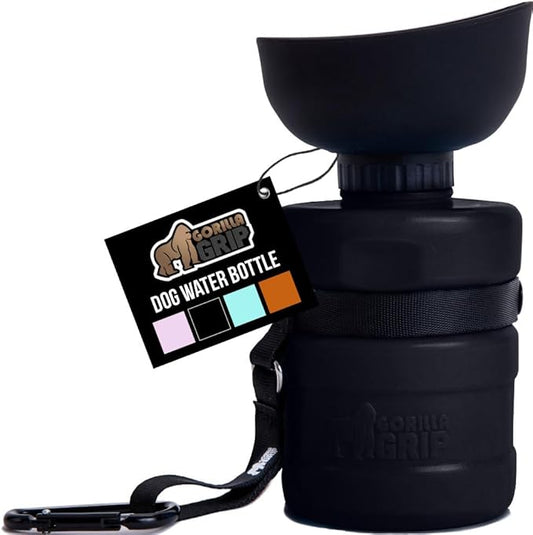 GORILLA GRIP Dog Water Bottle, Portable Water Bowl Dispenser for Dogs, 16 oz Leak Proof Pet Travel Squeeze Bottles Food Grade Silicone, Stocking Gifts for Pets to Go Puppy Essentials, Black