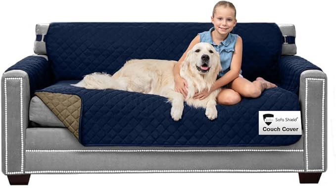 Sofa Shield Couch Slip Cover with Patented Strap, Cushion Protector, US Designed Reversible Stain and Dog Tear Resistant Slipcover, 62 inch Seat, Washable Covers for Dogs Pets, Navy Sand