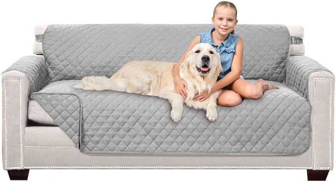 Sofa Shield Couch Slip Cover with Patented Strap, Cushion Protector, US Designed Reversible Stain and Dog Tear Resistant Slipcover, 70 inch Seat, Washable Covers for Dogs Pets, Light Gray
