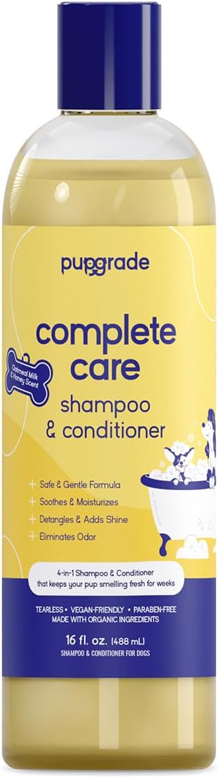 PupGrade Complete Care 4-in-1 Shampoo & Conditioner for Dogs - Cleans, Moisturizes, Detangles & Deodorizes - Oatmeal Milk & Honey Scent - 16 fl oz