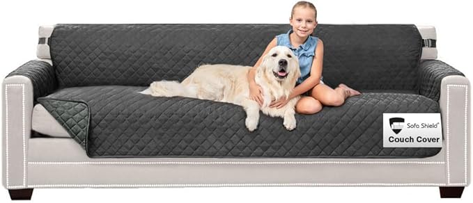 Sofa Shield Couch Slip Cover with Patented Strap, Cushion Protector, US Designed Reversible Stain and Dog Tear Resistant Slipcover, 88 inch Seat, Washable Covers for Dogs Pets Kids, Charcoal