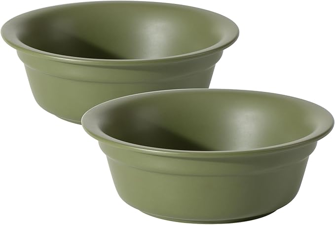 Ceramic 5.5inch Set of 2 Dog and Cat Bowls, 2pcs Basic 1 Cup Food or 9.5 oz Water Dishes for Puppy, Kitty, Wide Opening Rounded Edge (2 Bowls, Olive Green)