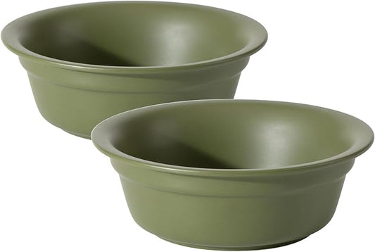 Ceramic 5.5inch Set of 2 Dog and Cat Bowls, 2pcs Basic 1 Cup Food or 9.5 oz Water Dishes for Puppy, Kitty, Wide Opening Rounded Edge (2 Bowls, Olive Green)
