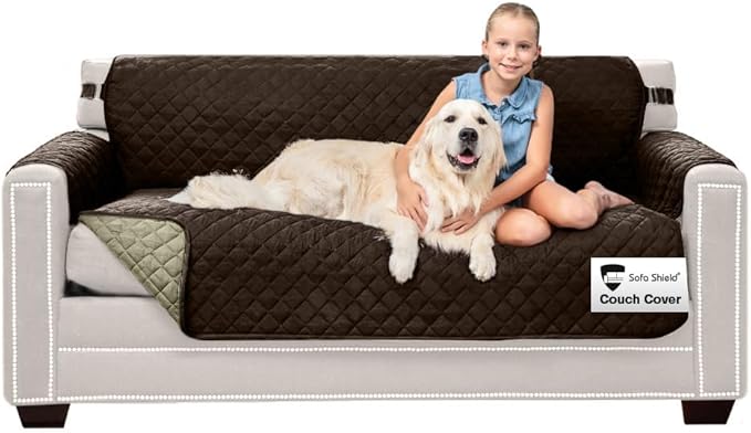 Sofa Shield Couch Slip Covers for Dogs, Reversible Furniture Protector with Strap, Stain and Tear Resistant Cushion Cover, 62 inch Seat, Machine Washable Slipcover Pets, Cats, Chocolate Beige