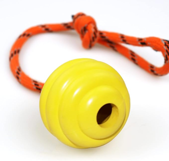 K9 Training Ball with Rope, Exercise and Reward Toy for Dogs - Indestructible Dog Toy Ball with Handle for Training Pull, Throw, Tug - Belgian Malinois Gifts (Yellow)