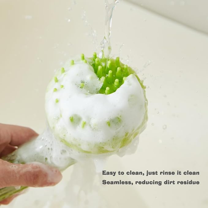 Pet Bath Brush with Shampoo Dispenser - Silicone Massage Grooming Tool for Cats & Dogs, Long Handle Dog Cat Bath Brush for Wet/Dry Use Green (ABS + Food-Grade Silicone, 7.5")