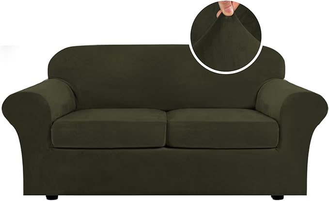 H.VERSAILTEX Real Velvet Plush 3 Piece Stretch Sofa Covers Couch Covers for 2 Cushion Couch Sofa Slipcovers Width Up to 90 Inch Feature Thick Soft Stay in Place (Sofa, Olive)