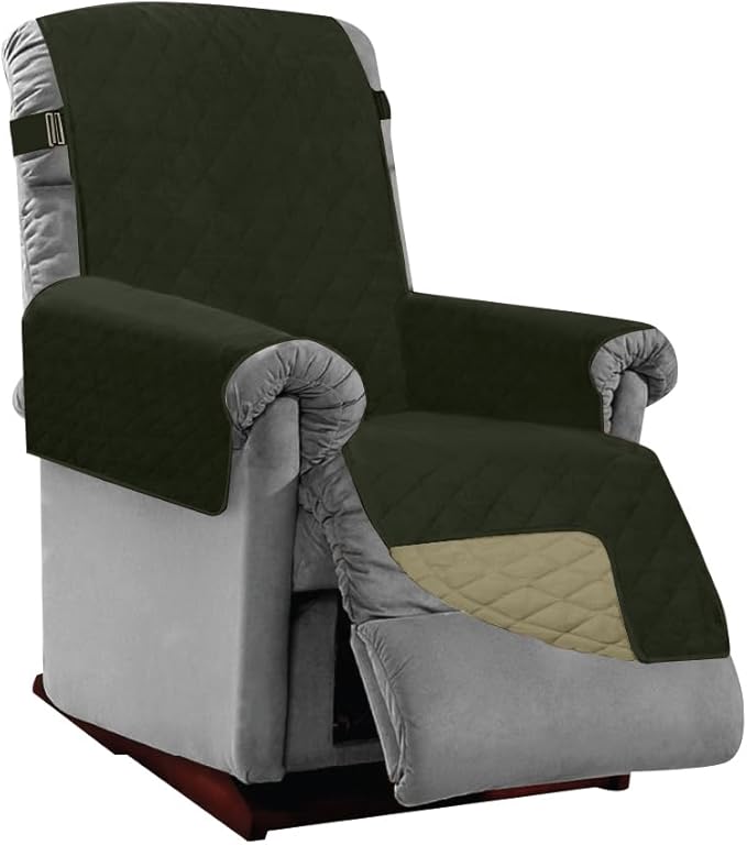 Sofa Shield Recliner Slip Cover with Patented Strap, Cushion Protector, US Designed Reversible Stain and Dog Tear Resistant Slipcover, 25 inch Seat, Washable Covers for Dogs Pets, Hunter Green Sage