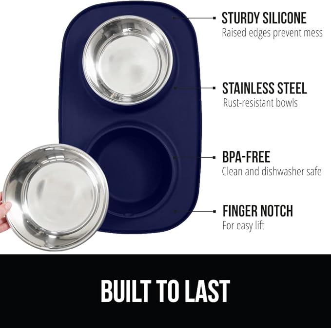 GORILLA GRIP Feeding Mat Set, Patent Pending 100% Waterproof BPA Free Silicone, Stainless Steel Cat and Dog Bowls, Slip Resistant, Edges Catch Water, Food, US Designed Pet Accessories, 2 Cup Navy Blue