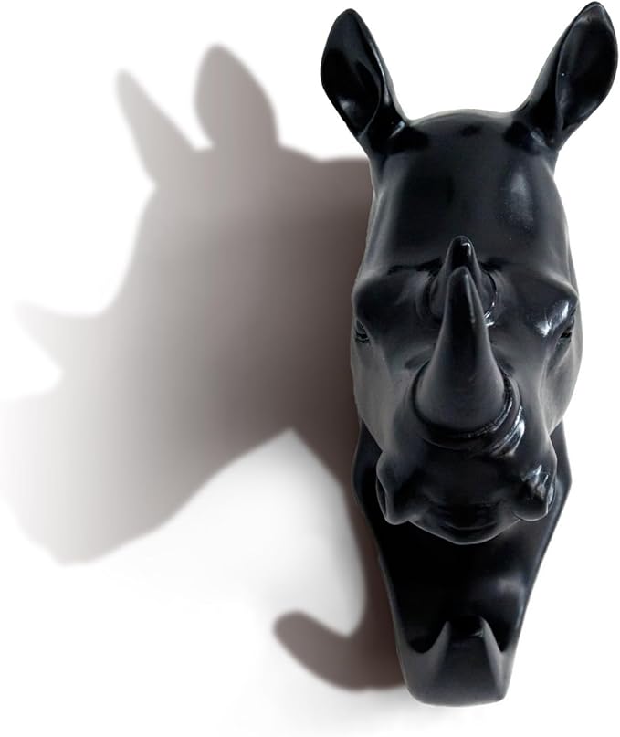 Rhino Head Single Wall Hook/Hanger Animal Shaped Coat Hat Hook Heavy Duty, Rustic Decorative Gift, Black