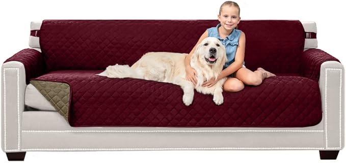 Sofa Shield Couch Slip Covers for Dogs, Reversible Furniture Protector with Strap, Stain and Tear Resistant Cushion Cover, 78 inch Seat, Machine Washable Slipcover Pets, Cats, Burgundy Tan
