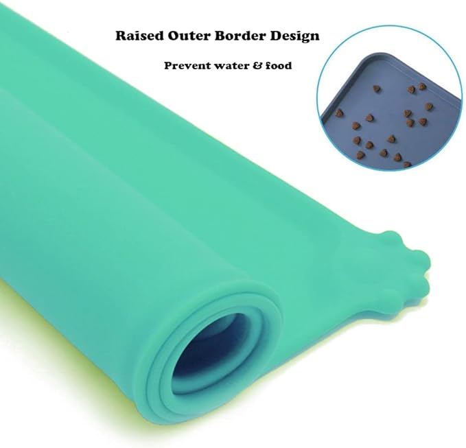 Silicone Pet Feeding Mat, Waterproof Dog Cat Bowl Mat, Raised Edges to Prevent Spills, Easy Clean Nonslip Dogs and Cats Placemat Tray to Stop Food and Water Bowl Messes on Floor (Green)