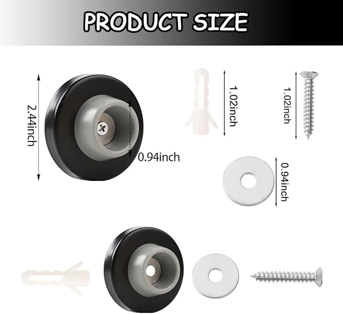 6pcs Concave Wall Door Bumper Stop Rubber Wall Mount Door stoppers Silver Stainless Round Door Knb Stop Protector Prevent Door Handle Damage Shield Walls, Easy to Install (Black)