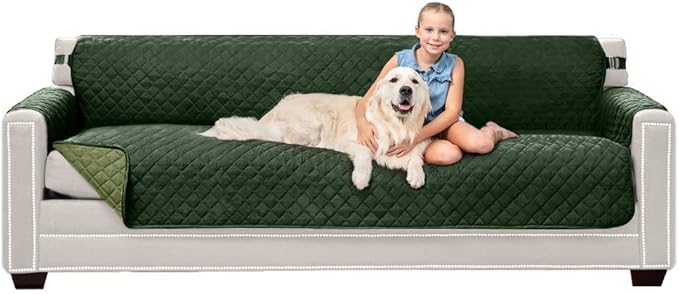 Sofa Shield Couch Slip Covers for Dogs, Reversible Furniture Protector with Strap, Stain and Tear Resistant Cushion Cover, 88 inch Seat, Machine Washable Slipcover Pets, Cats, Hunter Green Sage