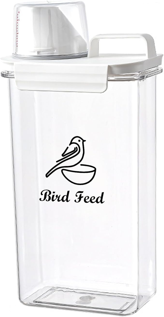 Brabtod Bird Seed Storage Container Airtight | 3 Qt/2.5 L Clear Plastic Bird Food Container Portable-with Measuring Cup/Lid|Pet Food Storage Container |Wild Bird Seed Dispenser|BPA Free