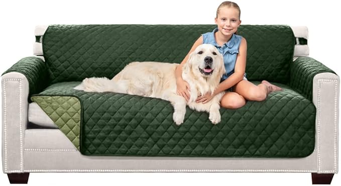 Sofa Shield Couch Slip Cover with Patented Strap, Cushion Protector, US Designed Reversible Stain and Dog Tear Resistant Slipcover, 70 inch Seat, Washable Covers for Dogs Pets, Hunter Green Sage