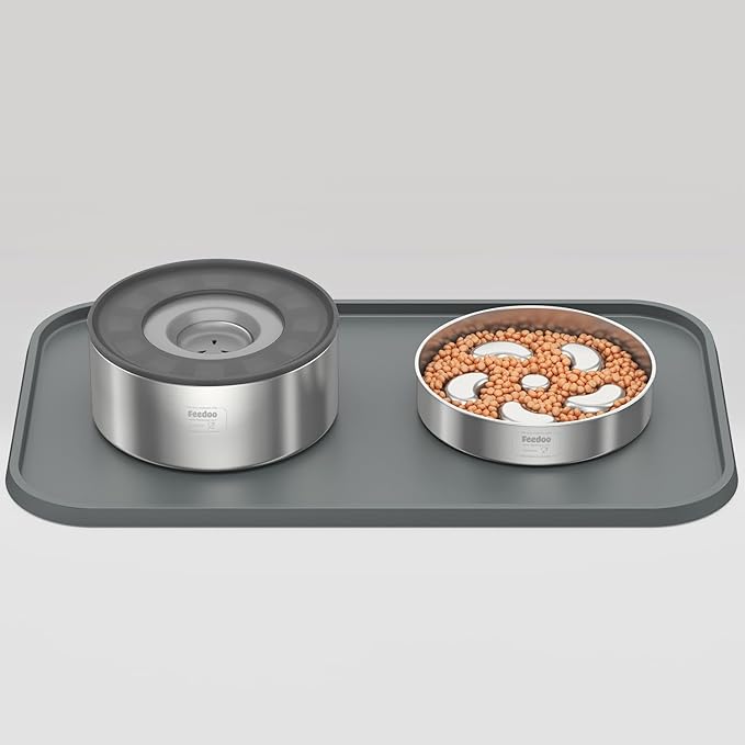 Pet Feeding Mat [Warped Resistant Raised Edge], Water-Proof Silicone Placement for Food Water Bowls, Anti-Slip Base Protect Floor, BPA-Free&Dishwasher-Safe [28.5x16.5inch XL, Gray]