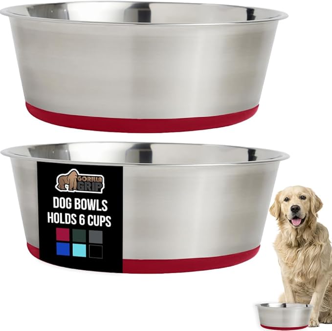 GORILLA GRIP Set of 2 Dog Bowls, Holds 6 Cups (48 fl oz), Heavy Duty Metal Food and Water Bowl for Feeding Dogs and Cats, Dishwasher Safe, Rust Resistant Stainless Steel, BPA Free Rubber Base, Red