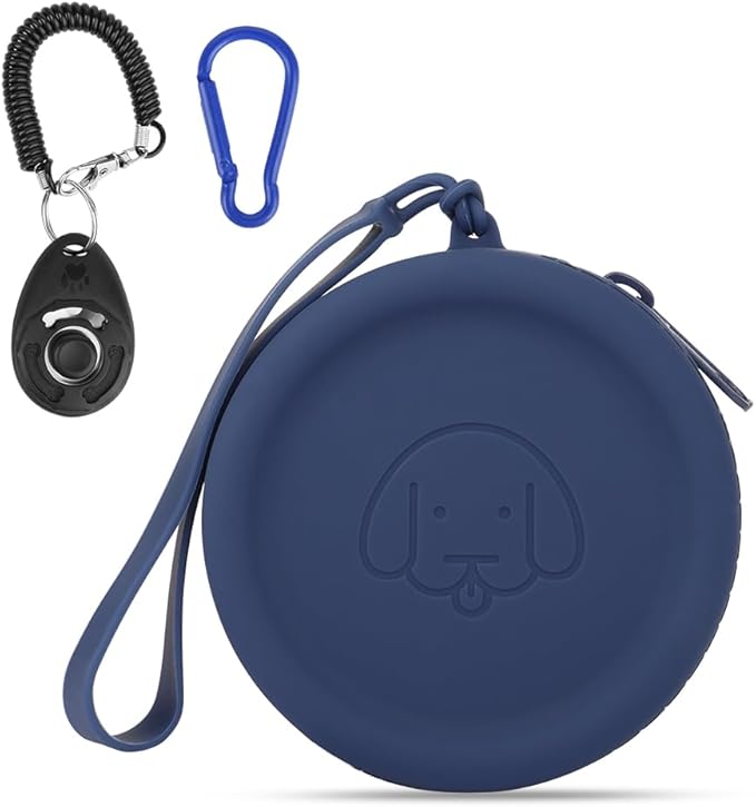 WALLFID Silicone Dog Treat Pouch Small Bag,with Pet Training Clicker,Walking Bag for Dog and Cat, Pocket Size, Easy to Clean, Odorless, Zipper Design,Moisture-Proof,Travel Walking Bag.(Navy Blue)