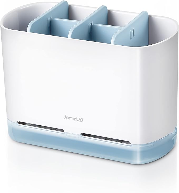 JOMOLA Dish Brush Caddy for Kitchen Sink Toothbrush Holders for Bathrooms Sink Sponge Holder Kitchen Counter Scrub Soap Brush Organizer Sinkware Caddy with Drain Tray Dividers (Blue)