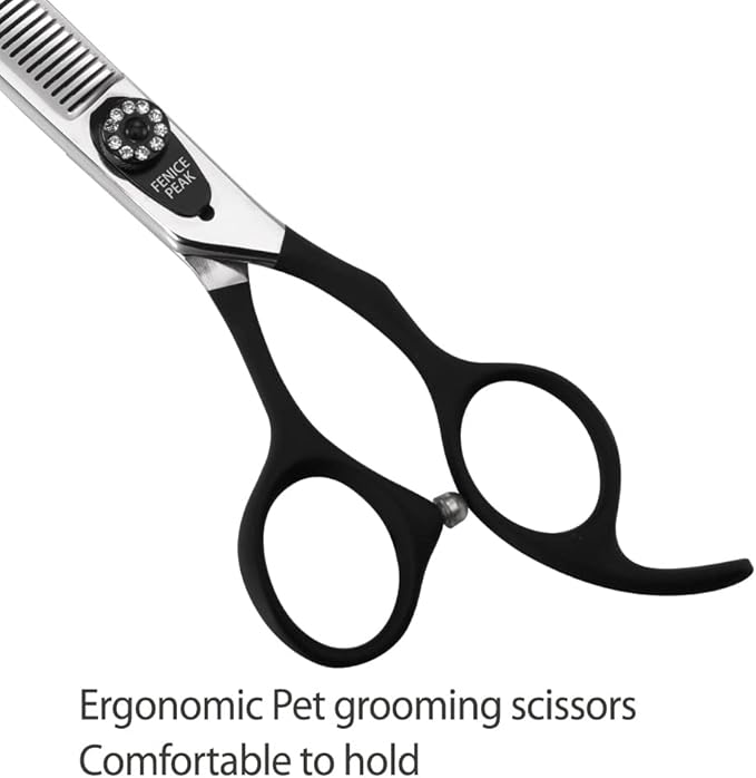 Fenice Peak 7.0'' Professional Dog Grooming Scissors Set with Black Non-Slip Handle 440C Stainless Steel Straight Thinning Curved Chunker Shears 4pcs Set for Pet Grooming Services