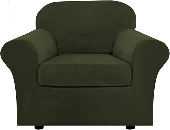 H.VERSAILTEX Rich Velvet Stretch 2 Piece Cover Chair Slipcover Sofa Cover Furniture Protector Couch Soft with Elastic Bottom Chair Couch Cover Width Up to 49 Inch (Chair, Olive)
