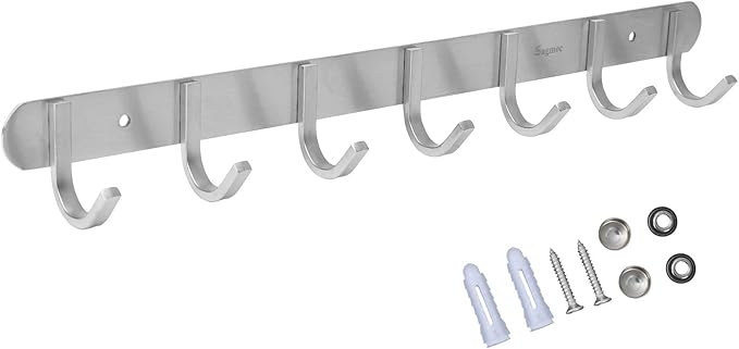 Sagmoc Towel Hook Rack Brushed Nickel 17-Inch Coat Hook Rail Wall Mounted with 7 Hooks, Durable Wall Hangers for Bedroom, Bathroom, Foyer, Hallway (304 Stainless Steel)