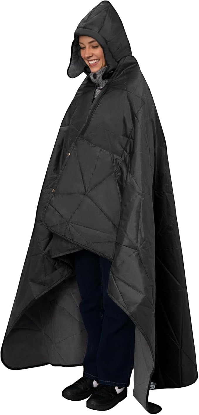 KawaGebo Kamp Outdoor Waterproof Blanket, Foldable Fleece Stadium Blanket for Outdoor Sports Event, Camping, Car, Pet, Picnics - Windproof, Wearable, Machine Washable 80" x 58" (Black Gray,Hooded)
