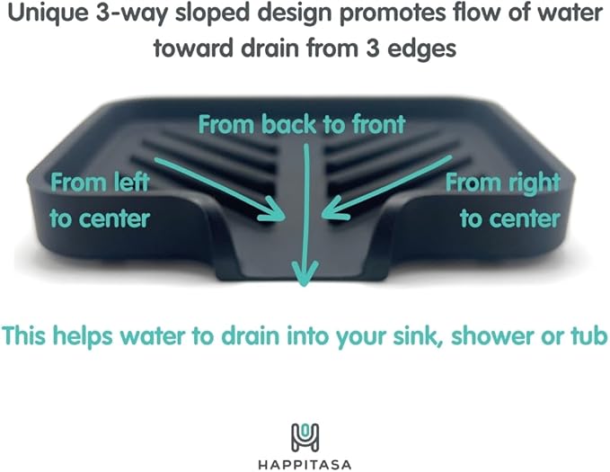 Happitasa Silicone Soap Dish Tray and Sponge Holder with Drain Chute and Feet | 3-Way Sloped Design | Bathroom and Kitchen Sink Organizer Caddy (Black, 5"x4")