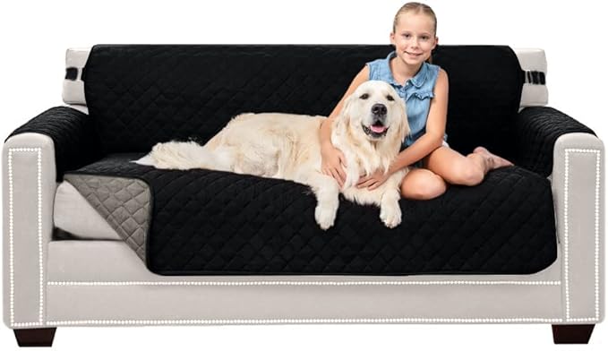 Sofa Shield Couch Slip Cover with Patented Strap, Cushion Protector, US Designed Reversible Stain and Dog Tear Resistant Slipcover, 62 inch Seat, Washable Covers for Dogs Pets, Black Gray