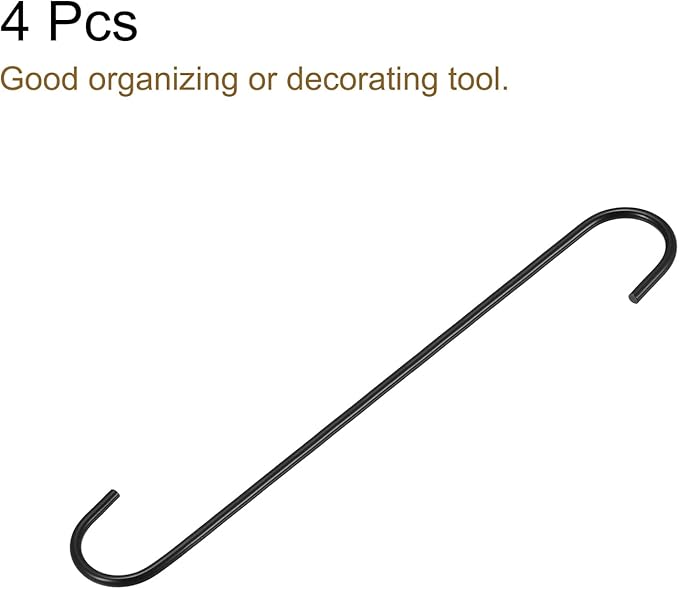 uxcell S Hanging Hooks, 12inch/300mm Extra Long Steel Hanger, Indoor Outdoor Uses for Garden, Bathroom, Closet, Workshop, Kitchen, Black, 4Pcs