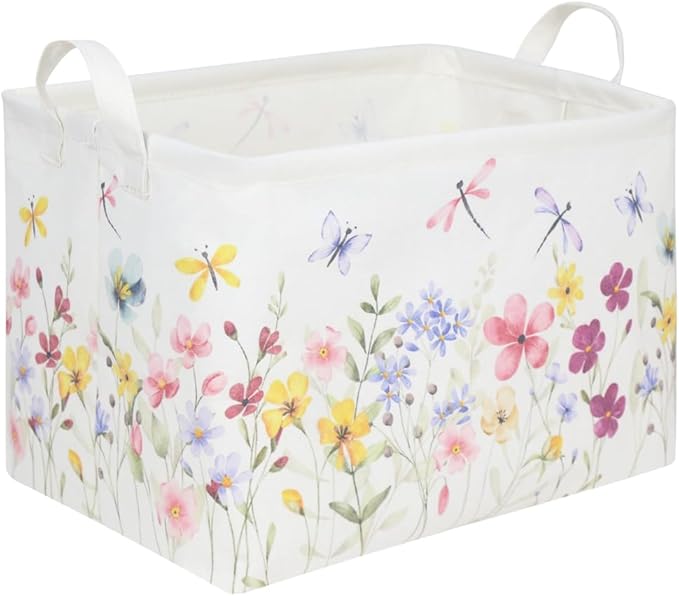 FXOCSHE Boho Flower Nursery Basket,Waterproof collapsible storage box,Fall Wildflower Floral Dandelion Storage Bin,Plant Butterfly baby girl gift basket,Girls Bedroom Boho Flower Decor(Dandelion)