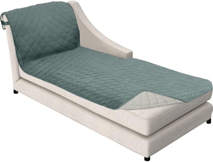 Sofa Shield Chaise Slip Cover with Patented Strap, Cushion Protector, US Designed Reversible Stain and Dog Tear Resistant Slipcover, 102x34 inch Seat, Washable Covers for Dogs Pets, Seafoam Cream