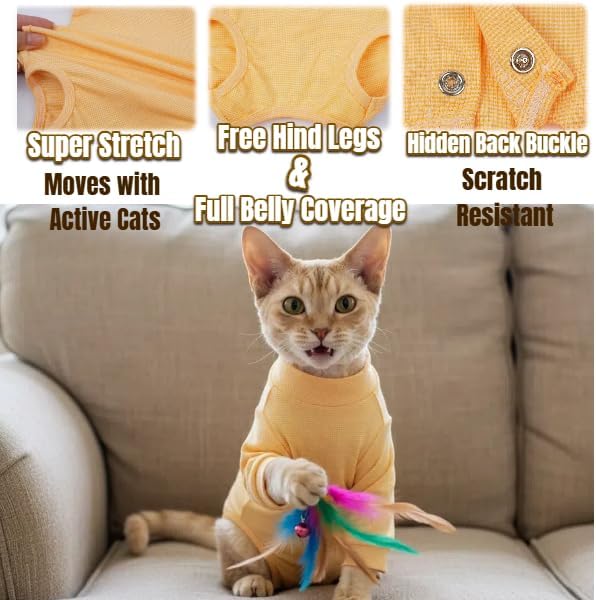 T'CHAQUE Cat Surgery Recovery Suit, Anti-Licking Onesie for Post-Spay/Neuter Abdominal Wound, Cat Recovery Suit with Adjustable Drawstring Collar - Long Sleeve Kitten Surgical Onesie, Orange, L