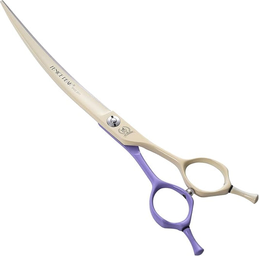 Fenice Peak Curved Dog Grooming Scissors with Coating 440C Stainless Steel, 7 inch Professional Curved Shears Dog Grooming，25 Degree of Curved Blade，Pet Shear for Trimming Face and Paw, Violet & White