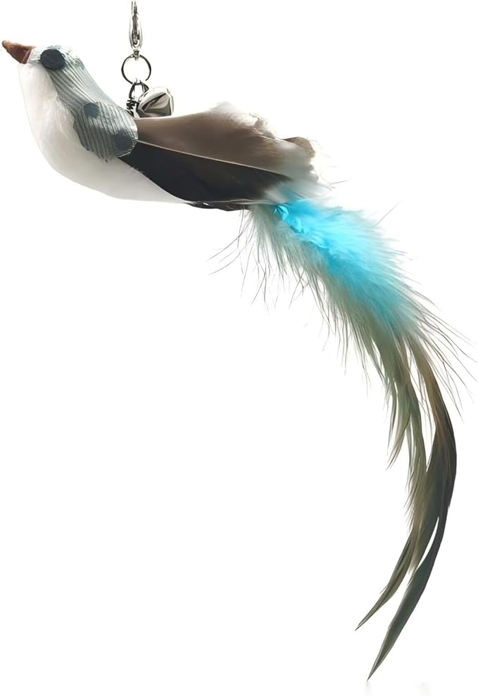 Deluxe Bird Replacement Heads for Cat Toys - Set of 5 - Realistic Feather Designs Including Blue Floral, Two-Tone, Traditional, Black & White, Green Hummingbird - Easy Clip-On