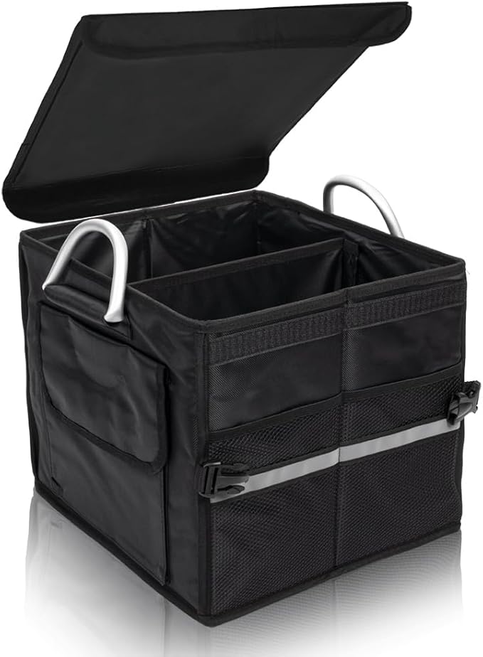 Trunk Organizer With Lid,Small,Black 28L,For SUV Car Truck,Collapsible Waterproof Oxford Fabric,Portable Multipurpose sorting,2-Compartments with Aluminium Alloy Handle