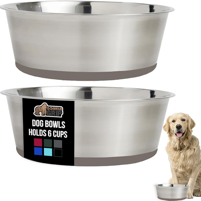 GORILLA GRIP Set of 2 Dog Bowls, Holds 6 Cups (48 fl oz), Heavy Duty Metal Food and Water Bowl for Feeding Dogs and Cats, Dishwasher Safe, Rust Resistant Stainless Steel, BPA Free Rubber Base, Beige