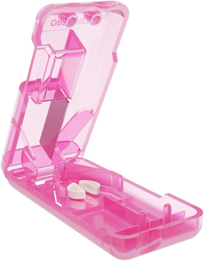EZY DOSE Pill Cutter and Splitter with Dispenser, Safely Cuts Large, Small and Tiny Pills, Vitamins, Tablets in Half, Accurate and Easy Cutting, Stainless Steel Blade, Travel Sized, Pink, BPA Free