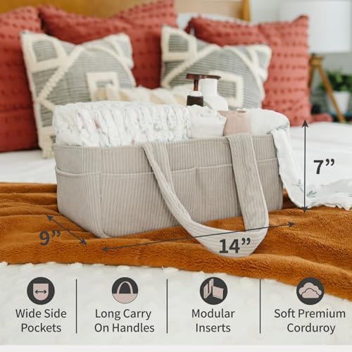 PUTSKA Baby Diaper Caddy Organizer for Changing Table – Stylish Nursery Storage Basket, Newborn Essentials, Baby Shower Gifts and Registry Must-Haves for Boy or Girl, Car Diaper Caddy, Corduroy Grey