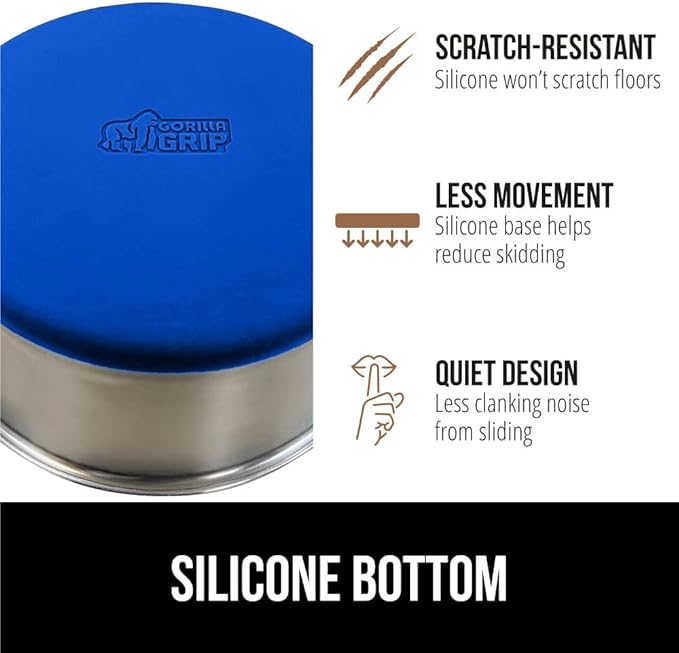 GORILLA GRIP Dog Bowls, Holds 2 Cups Each (16 fl oz), Heavy Duty Stainless Steel Food and Water Bowl for Feeding Dogs and Cats, Dishwasher Safe, Rust Resistant, BPA Free Rubber Base, Set of 2 Blue