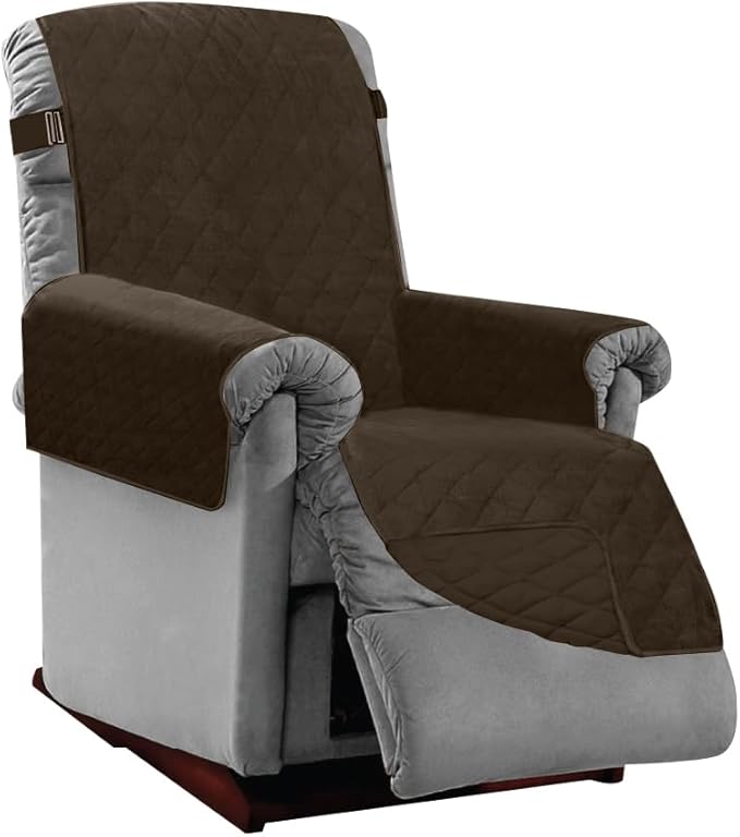 Sofa Shield Recliner Slip Cover with Patented Strap, Cushion Protector, US Designed Reversible Stain and Dog Tear Resistant Slipcover, 25 inch Seat, Washable Covers for Dogs Pets, Chocolate