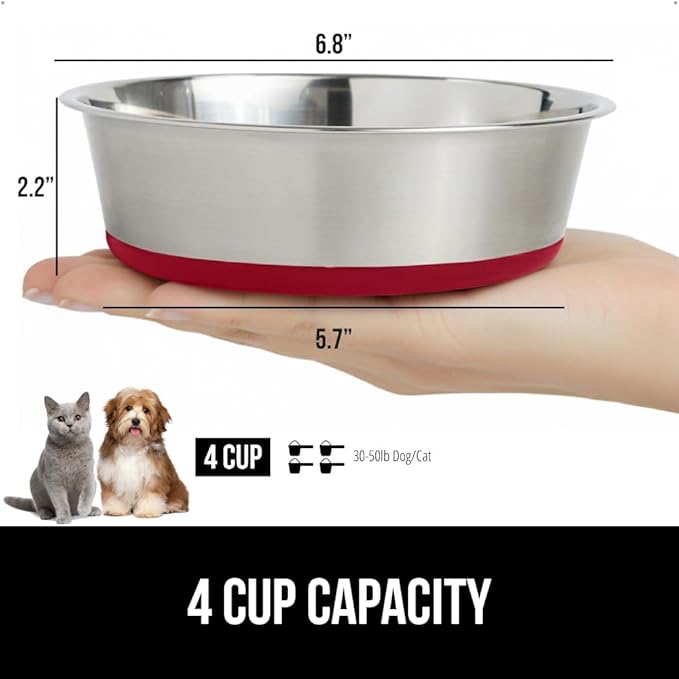 GORILLA GRIP Set of 2 Dog Bowls, Holds 4 Cups (32 fl oz), Heavy Duty Metal Food and Water Bowl for Feeding Dogs and Cats, Dishwasher Safe, Rust Resistant Stainless Steel, BPA Free Rubber Base, Red